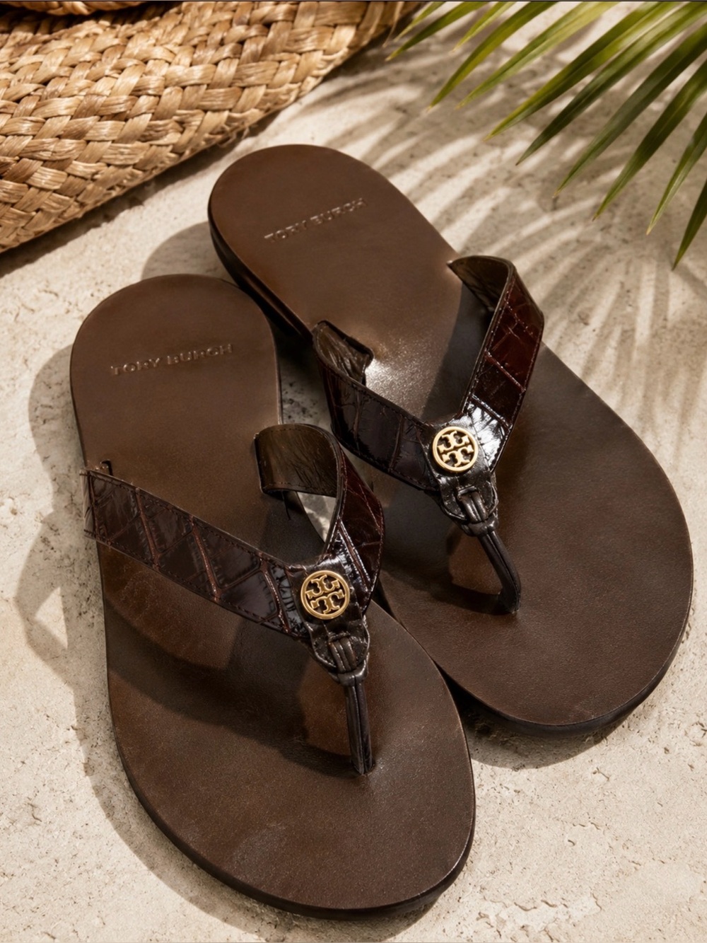 Tory Burch Manon Croc Embossed Leather Thong Sandals Brown Size 8